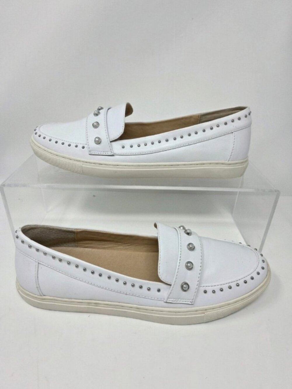 J/Slides Womens 8.5 CeCe White Leather Studded Pearl Slip On Loafers Sneakers